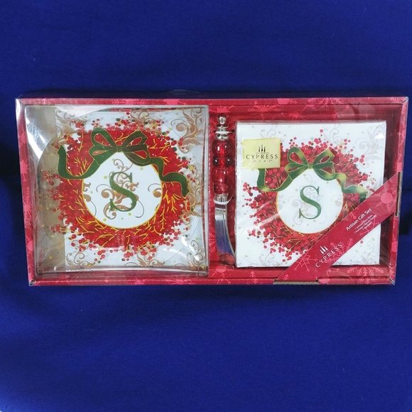 Monogram S Glass Plate Spreader Cocktail Napkins Christmas Hostess Gift Set - Picture 1 of 6